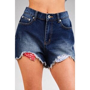 Very J Dark Wash Patriotic Distressed Raw Hem Denim Shorts Boho USA Stretch NWT